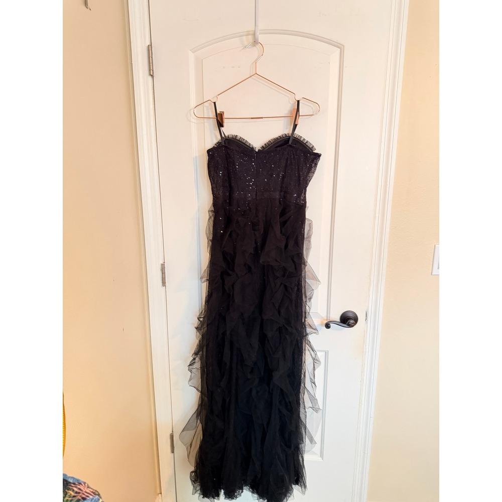 Betsy Adam Gown Women 12 Black Lace Tulle Sequin Tiered Ruffle Strapless Formal - Picture 8 of 13